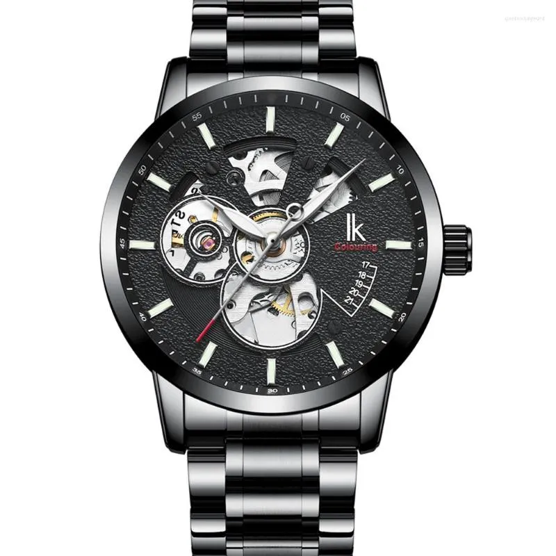 Armbanduhren IK Coloring Luxus Top Marke Schwarz Automatische Mechanische Uhr Mode Skeleton Design Leuchtende Hände Edelstahl