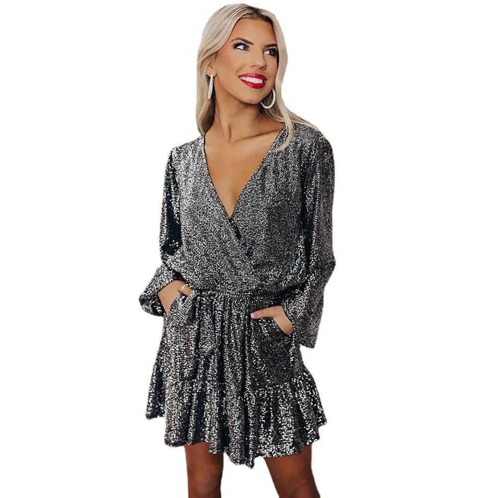 Primavera / Estate da donna New Fashion Lanterna con scollo a V Manica lunga Allentato Casual Abito con lacciSTZR Night club dress 2023