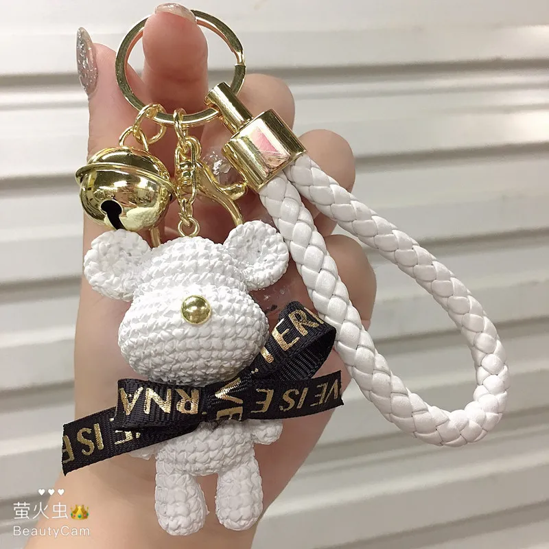 Cute Bear Key Chain Resin Bow Bell Rabbit Keychain Weaving Fashion Doll Bag  Pendant Holiday Car