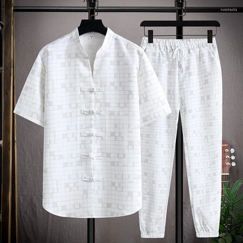 Men's Tracksuits Summer Chinese Style Men Shirt Trousers Cotton Plaid Shirts Mens Casual Elastic Waist Size M-5XL