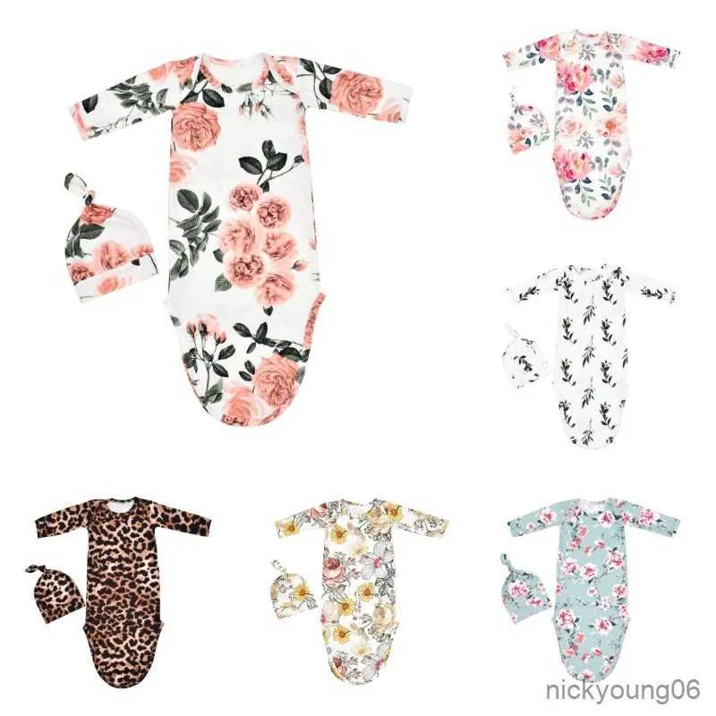 2023 Newborn Knotted Infant Sleeping Bag Set With Striped Swaddle Cap And Round Collar Pajamas