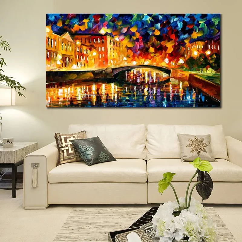 City Life Landscape Canvas Art Bridge Over Dreams Hand Painted Kinfe Painting for Hotel Wall Modern