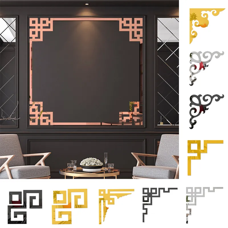 4PCS 3D Mirror Sticker Wall Decor Waist Line Corner Stickers Wall Stickers Acrylic Geometry Gold Modern Room Bathroom Decor Edge