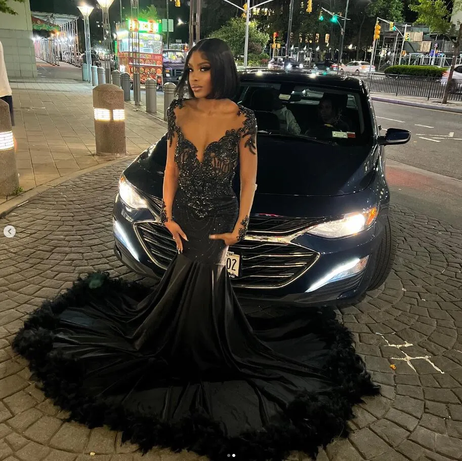 Illsuion Long Sleeve Mermaid Prom Dresses Black Girl Couple Gillter Bitge Feather Social Evening Everense Gown