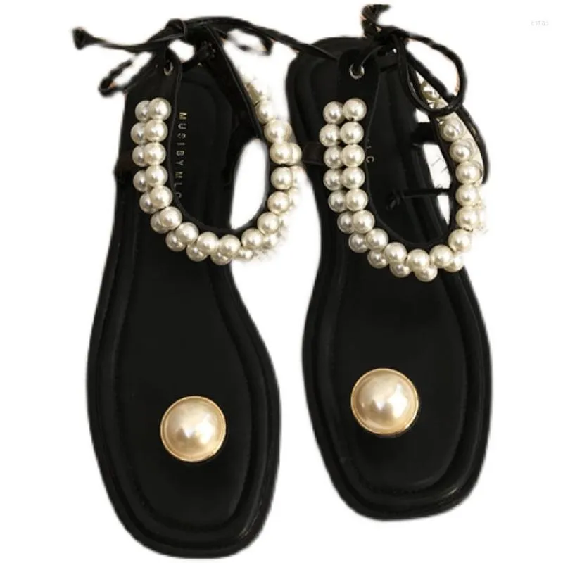 Sandals Women Black Pearl Bridal Rhinestone Flat Summer Women's Shoes Wedding Sandalias Lace Up Casual Beach Slipper