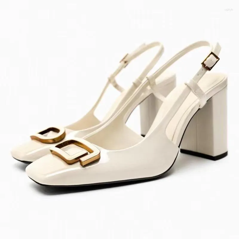 Dress Shoes Meotina Women Slingbacks Pumps Square Toe Chunky High Heels Buckle Metal Decoretion Ladies Fashion Career Summer White 41