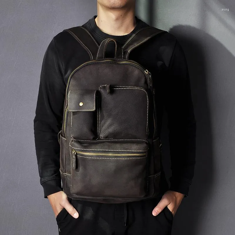 Rucksack Männer Qualität Leder Mode Große Reise Universität College Schule Tasche Designer Männlichen Daypack Student Laptop 3441