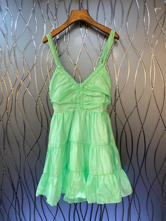 Casual Dresses 2023 Women Fashion Sleeveless V-neck Green Slim-fitting A-shaped Pendulum Micro-canopy Suspender Dress 0518
