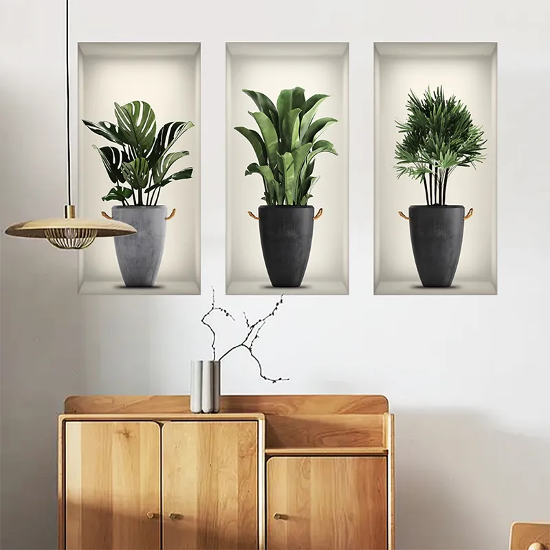 3 pièces/ensemble créatif verdure plantes en pot 3D fausse fenêtre Stickers muraux salon affiche murale autocollants muraux auto-adhésifs