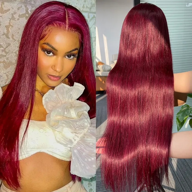 250Density Red 13X6 Wigs Lace Front Human Hair Wig HD Transparent Straight Brazilian 4X4 Closure