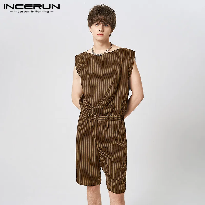Men's Shorts Men Jumpsuits Striped Off Collar Sleeveless Elastic Waist Rompers Streetwear Casual Male Playsuits Overalls S-5XL INCERUN 230613