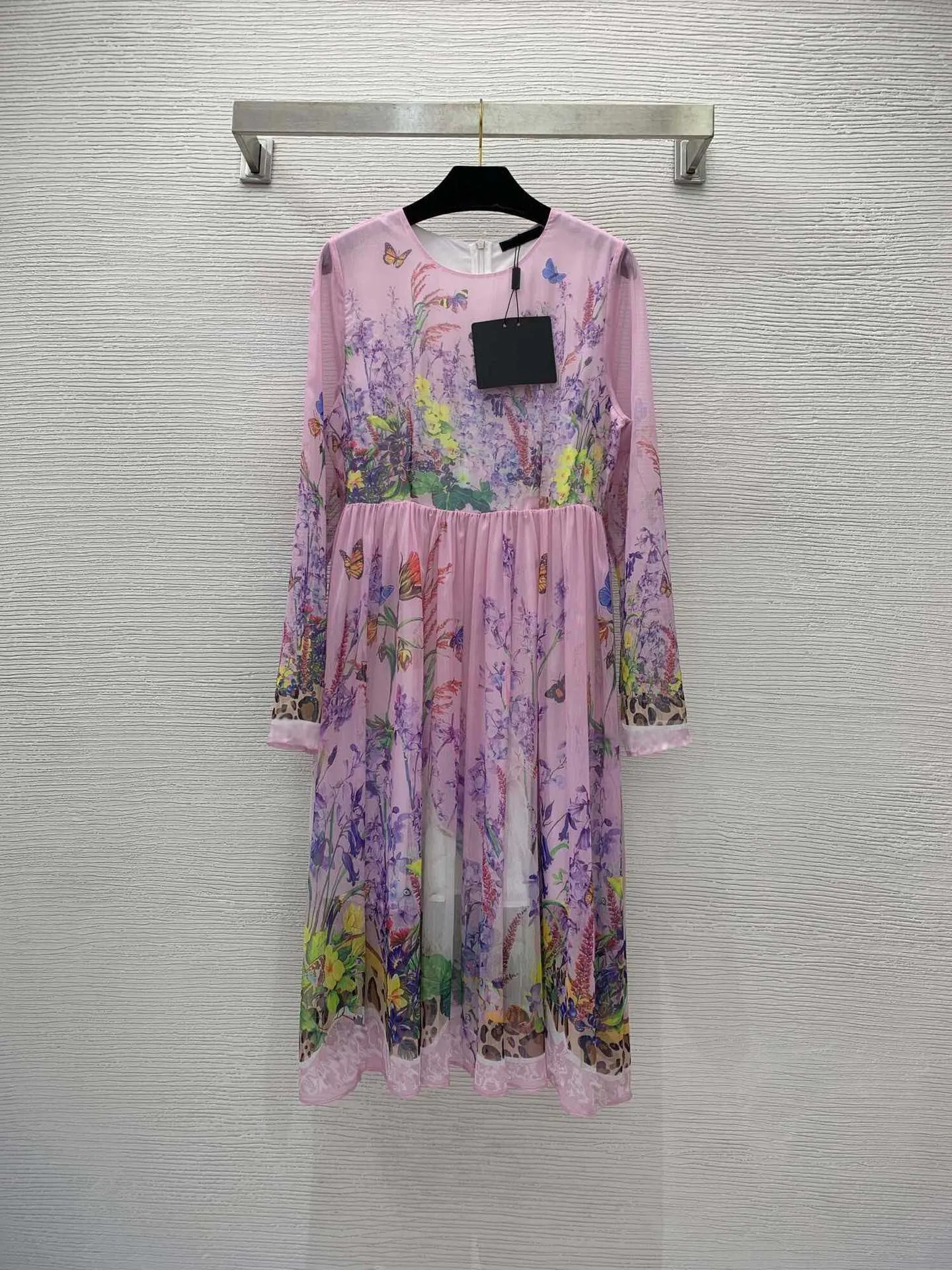 23ss summer dresses women dress women designer clothes Silk Blended Fabric Butterfly Flower Print Sweet Waist Slim Long Sleeve Dress High quality Women clothes