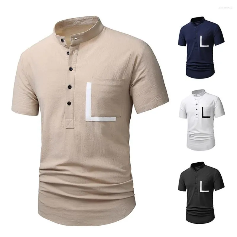 Camicie casual da uomo T-shirt Camicetta Bottoni da uomo Top Slim Fit Moda Tasche solide Tasca con colletto in lino di cotone Camicia abbinata a colori