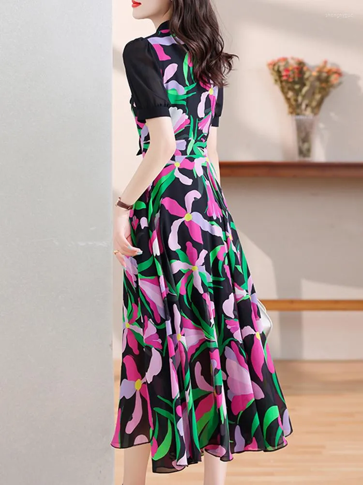 Elegant Beach Chiffon Floral Dress Casual Women 2023 Summer V-Neck