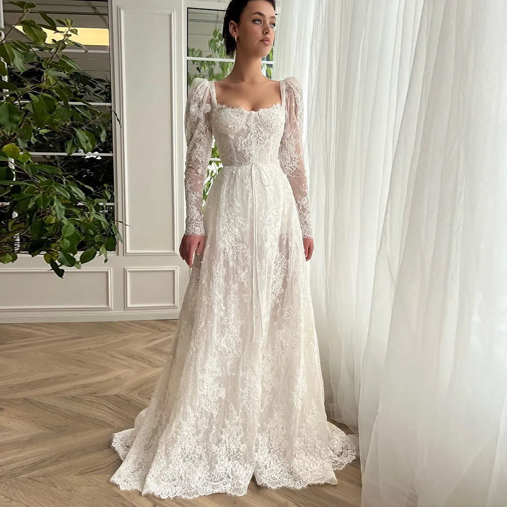 Vestido De Novia De Encaje Completo Con Mangas Largas De Cuello Cuadrado  Cinturón De Cinta, Vestido De Novia, Robe De Mariee De 154,51 € | DHgate, image size:1000x1000