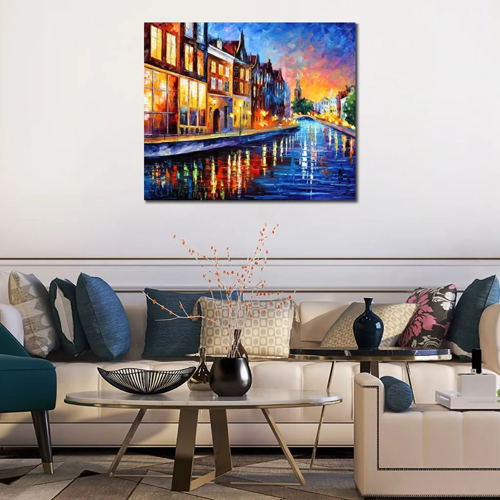 Pintura em tela de belas artes Amsterdã Domingo à noite Trabalho artístico contemporâneo Decoração de parede de paisagem