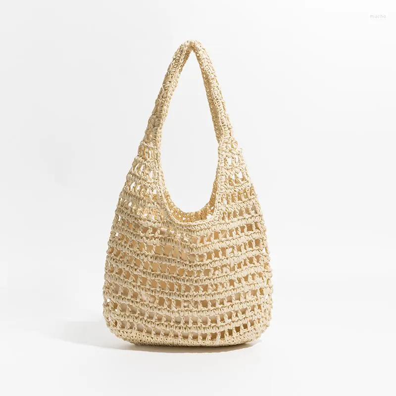 イブニングバッグCasaul Straw Tote Bag Hollow Women Shourdle Paper Woven Handbags Bohemian Handmade Summer Beach Large Bali Prumes 2023