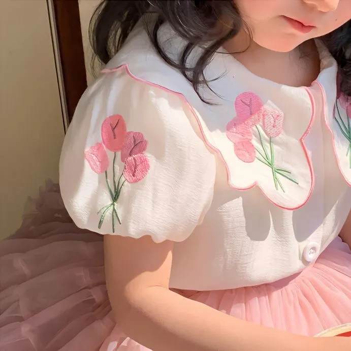 Clothing Sets Girls Blouse Spring Doll Collar Embroidery Flower Kids Shirt All-match Fashion Lovely and Sweet Solid Short Sleeve 230613