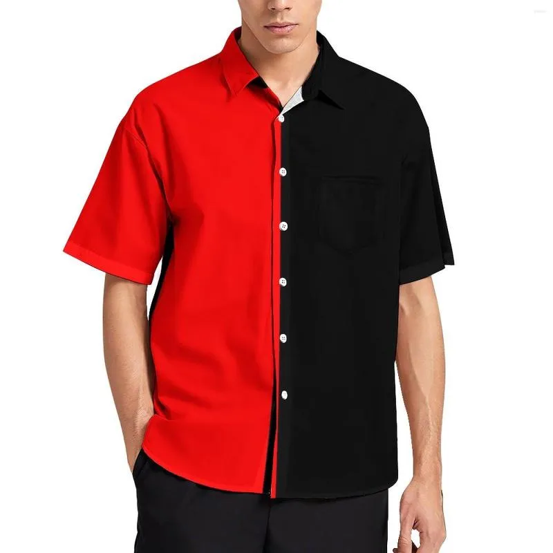 남성용 캐주얼 셔츠 2 톤 서커스 느슨한 셔츠 남성 휴가 레드와 블랙 하와이 패턴 짧은 슬리브 참신 대형 블라우스
