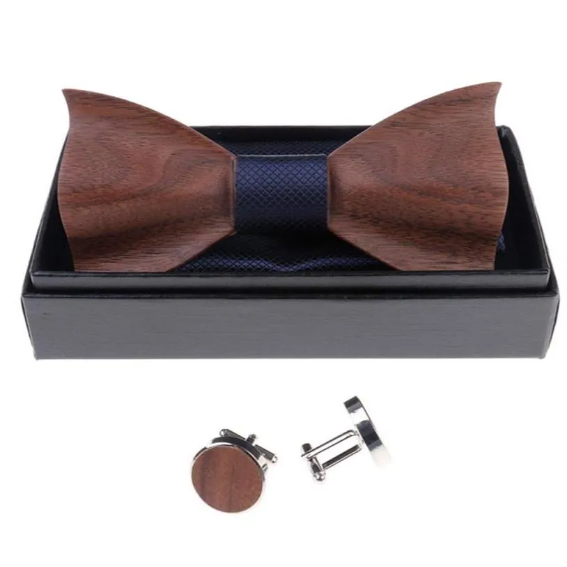 1 ensemble en bois cravate poche carré bouton de manchette bois noeud papillon hommes accessoires mariage mode en bois noeuds papillon Set6198801262a