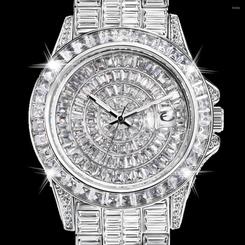 Mens Iced Out Quartz Art Deco Wristwatches Fully Baguette Diamond