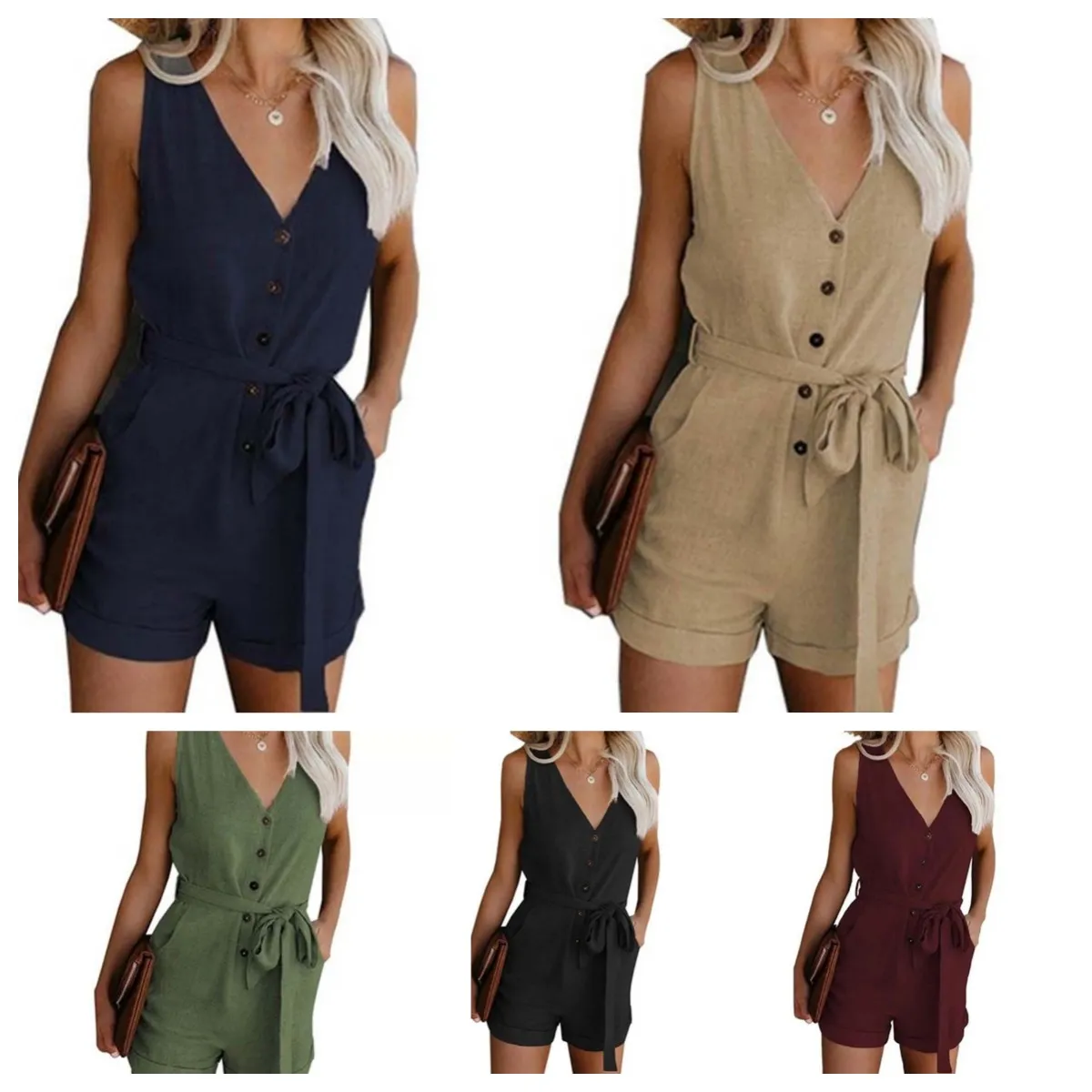 Ärmellose Overalls für Damen, Strampler, Damen-Overall, V-Ausschnitt, Damen-Sommer-Shorts, Hose, Strampler mit Tasche, Übergröße