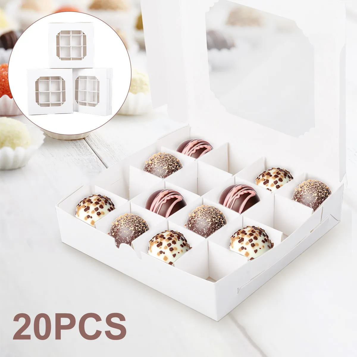 Gift Wrap 20Pcs Party Cupcake Boxes Empty White Gift Candy Boxex Inserts Clear Window and Divider for Chocolate Cake Packaging Bag 230613