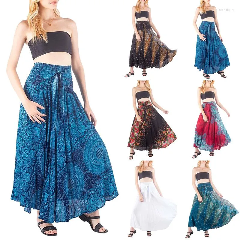 Skirts Vintage Ladies Ankle-Length Boho Skirt Floral Print Elegant Beach Bohemian High Waist Midi Women A-Line Ruffle