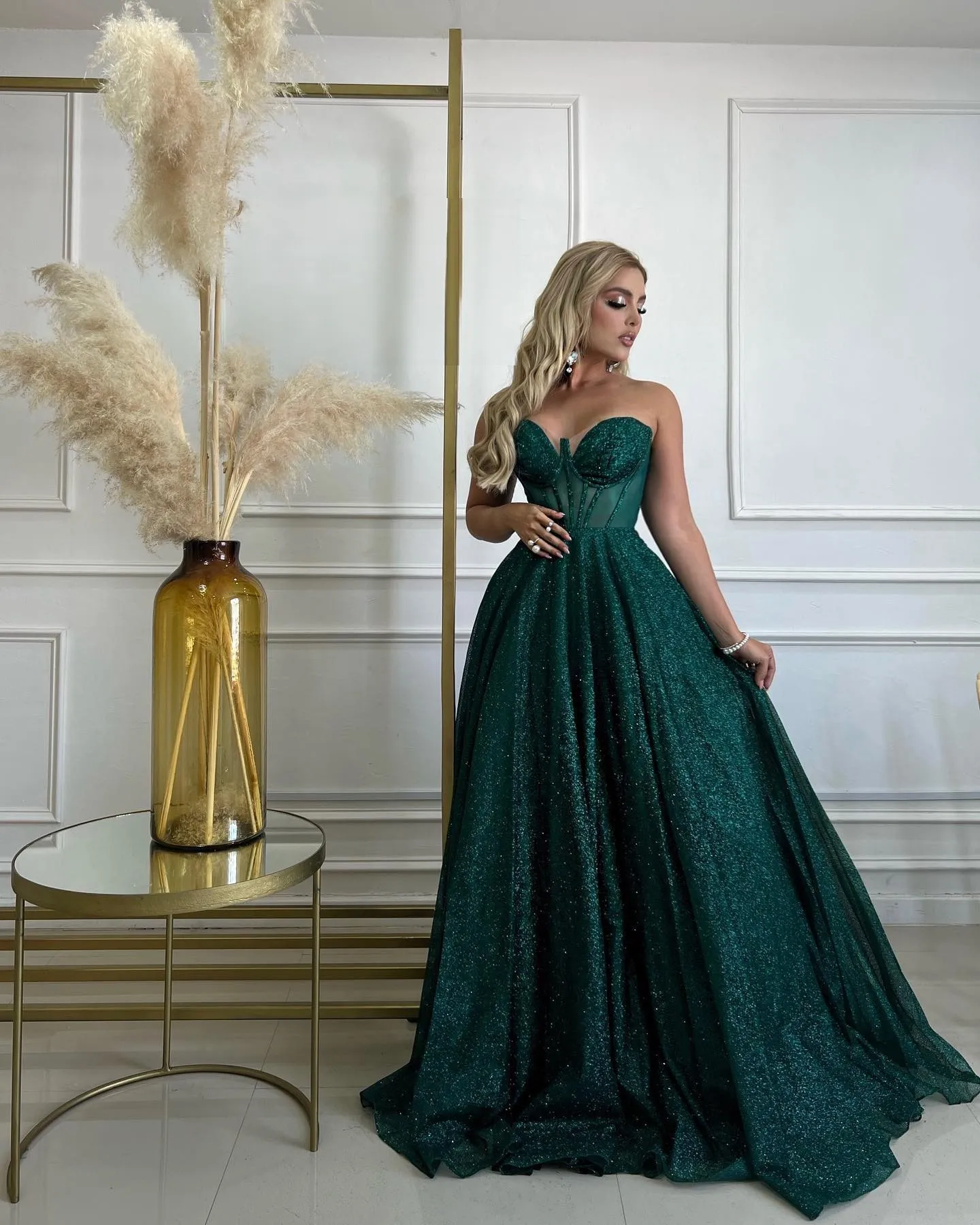 Dark Green Glitter Net Gown Embellished with Floral Laces and Crystal Beads| Gowns-Diademstore.com