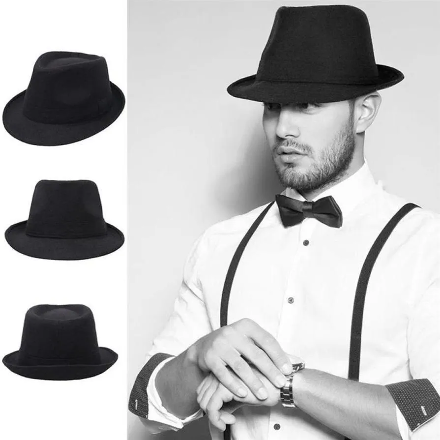قبعات واسعة الحافة موسيقى الجاز Top Hat Men039s الأسود الكلاسيكي فيدورا الخريف والشتاء على الطراز البريطاني الصوف بنما نبيل