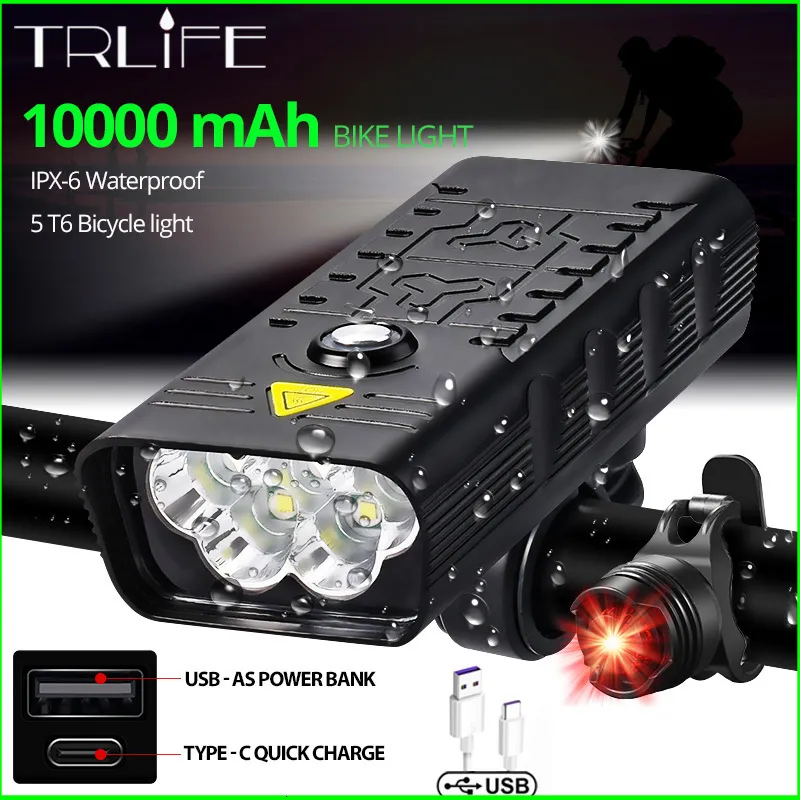 أضواء الدراجة 10000 مللي أمبير في الساعة ضوء الدراجة USB قابلة لإعادة شحن 5000 Lumens Bike Headlight 6T6 LED Super Bright Fright Lights and الخلفية الخلفية الخلفية 230614