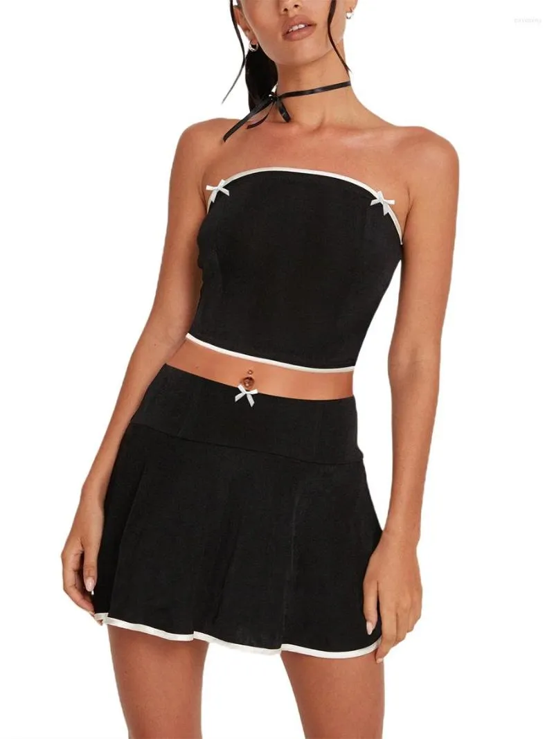 Jupes Femmes Jupe Ensemble Doux Petit Bowknot Sans Bretelles Tube Top Avec Mini A-ligne D'été Tenue Pour Club Party