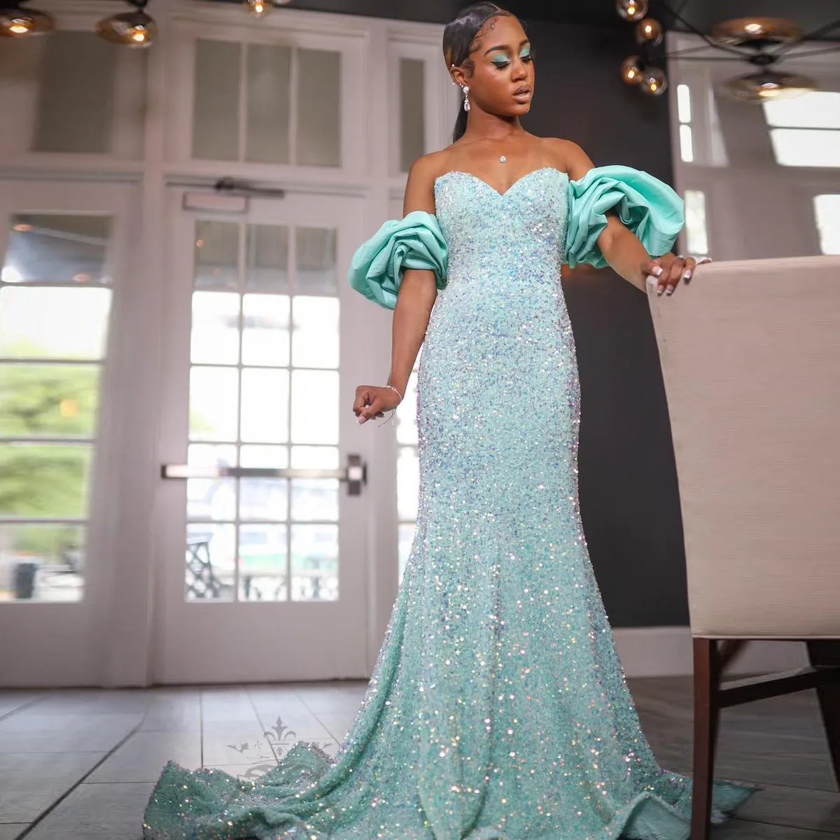 Sparkly Light Blue Evening Dress Sequined Formal Occasion Elegant Party Mermaid Prom Dresses Sheath Off The Shoulder Robe De Bal Custom Gown