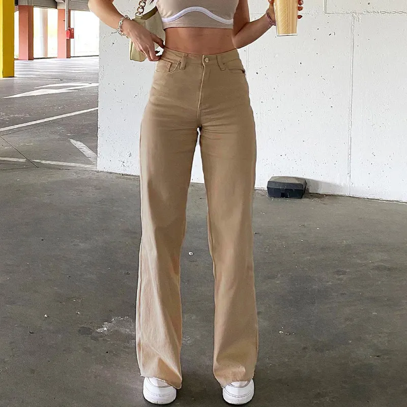 Femmes Jeans Cutistation solide Beige Slim Flare femmes Y2k taille haute pantalon à jambes larges 90s Vintage décontracté Denim pantalon Streetwear femme 230614