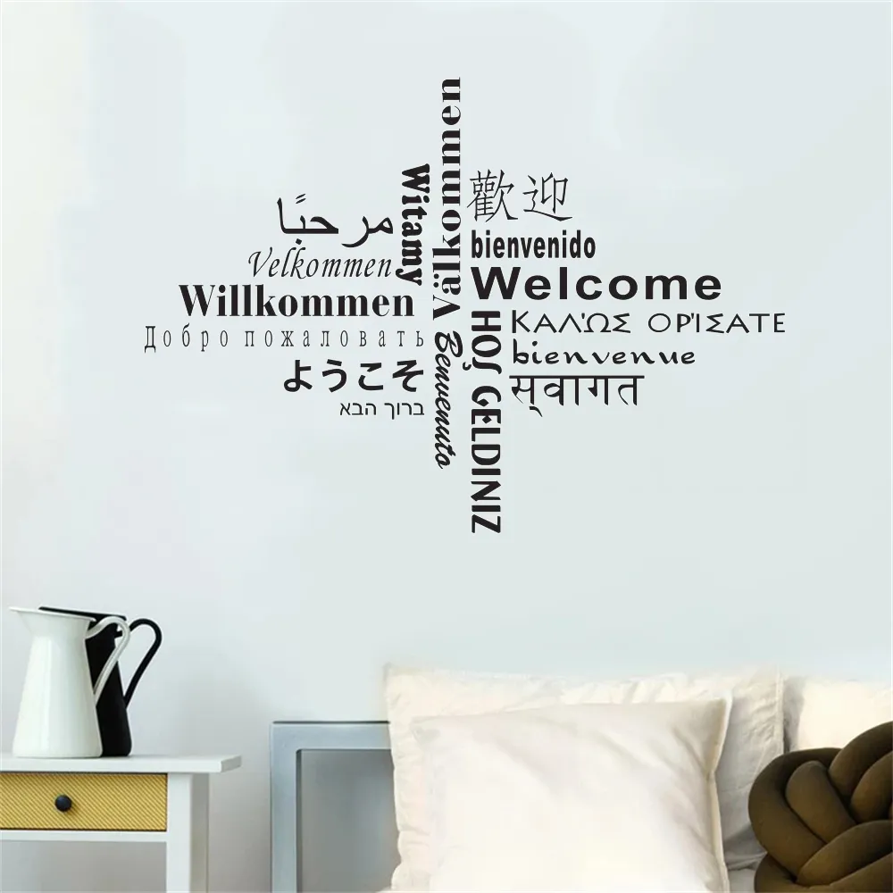 Bem-vindo criativo em todos os tipos de linguagem texto adesivo de parede decoração de casa vinil arte removível decalque da parede para sala de estar