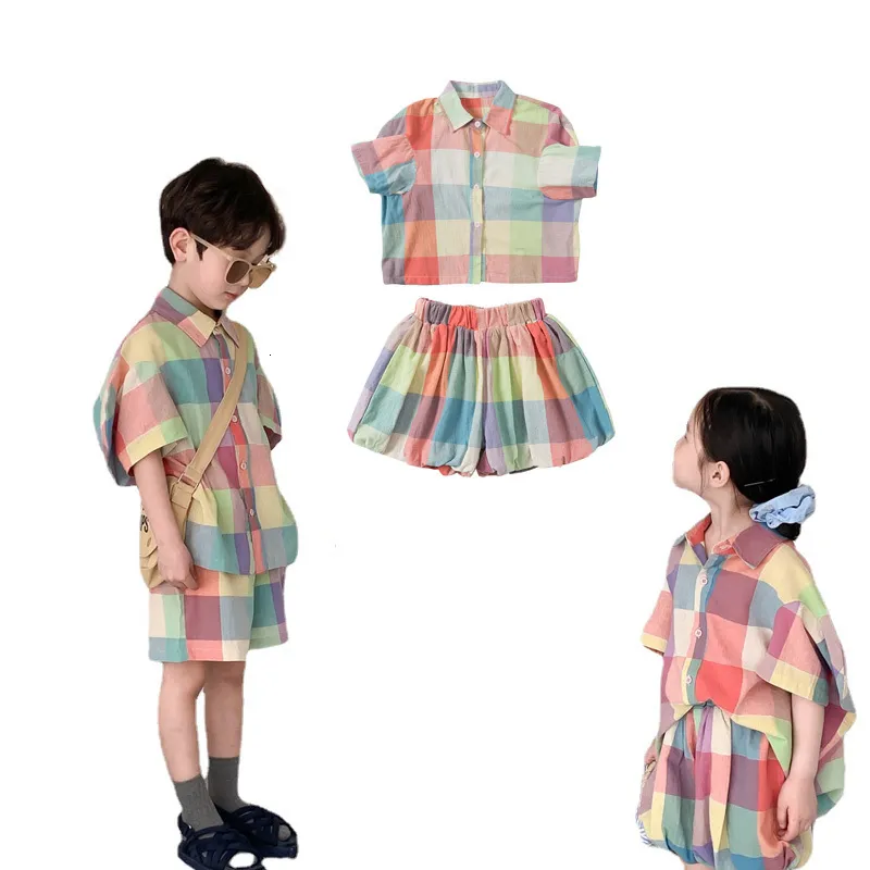 Family Matching Outfits Loungewear Boys and Girls' Set Summer Children's Colorful Plaid Shirt 2-piece Set Boys and Girls' Shorts Set Brother and Sister 230614