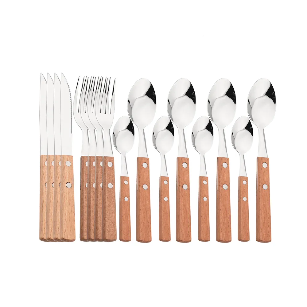 Geschirr-Sets, 16-teilig, Holzgriff, Geschirr-Set, 304 Edelstahl, Messer, Gabel, Löffel, Abendessen, Besteck, Geschirr, Küchenzubehör 230614