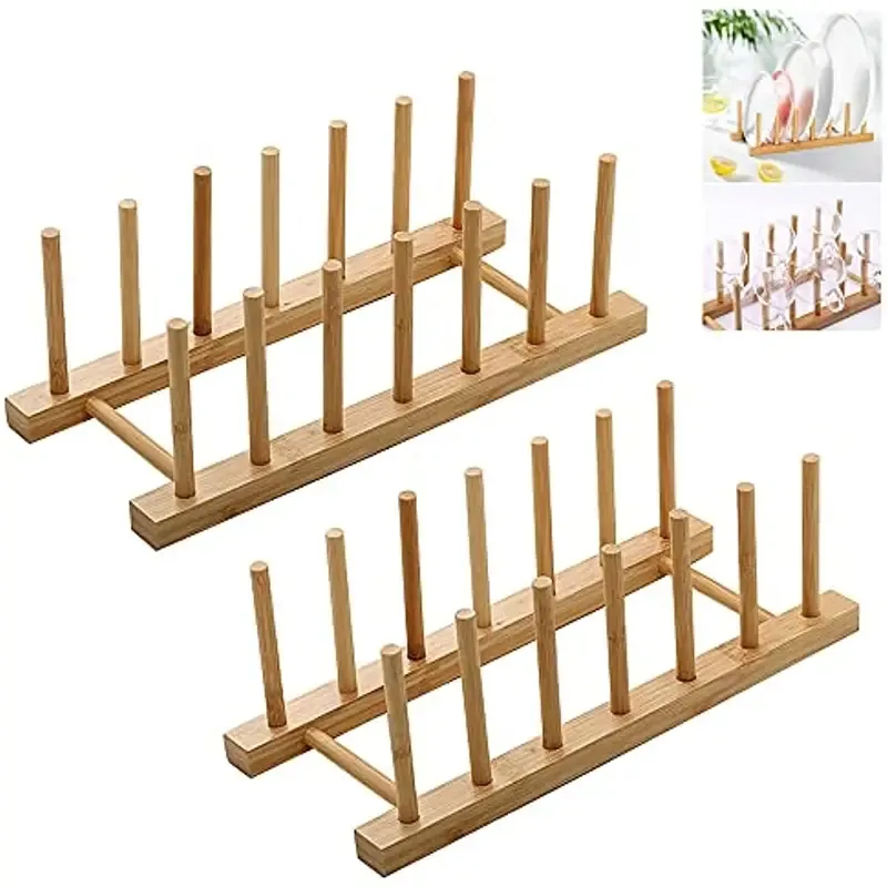 2pcs Bamboo Wooden Dish Rack, Plate Wooden Stand Pot Lid Holder Kitchen Cabinet Organizer Dish Drying Rack For Bowl