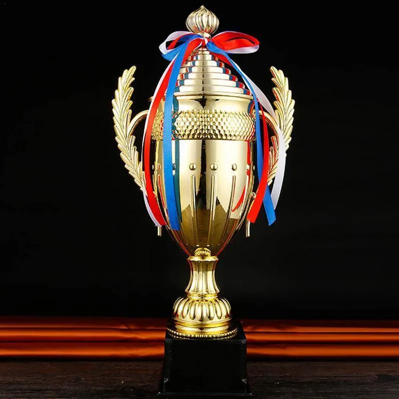 Decorative Objects Figurines Large Gold Trophy Cup Custom Colorful Ribbon Award For Sports Tournaments Competitions Soccer Football League Match 230614