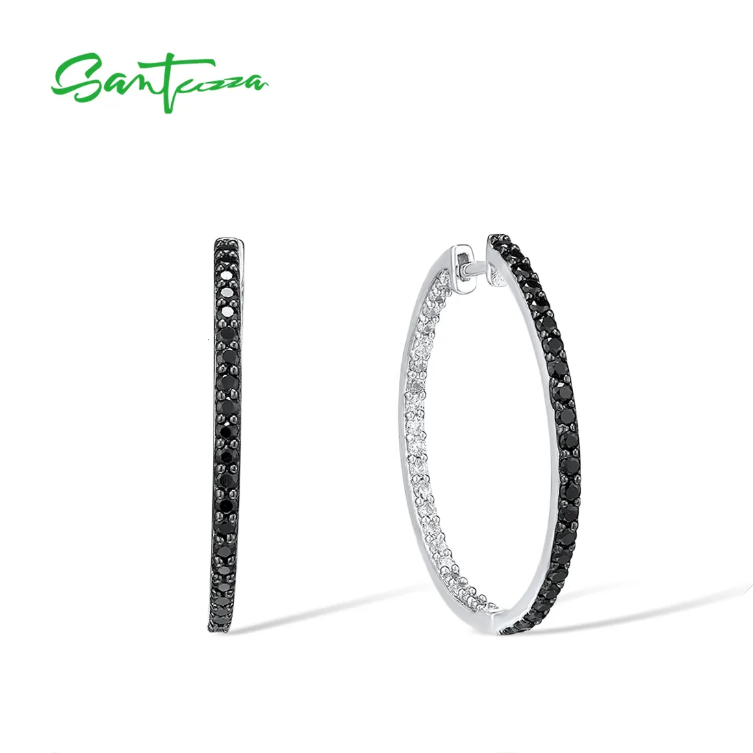 Hoop Huggie SANTUZZA Creolen aus 925er-Sterlingsilber für Damen, glänzender schwarzer Spinell, weiße CZ, schlichter Stil, große Kreisohrringe, edler Schmuck 230614