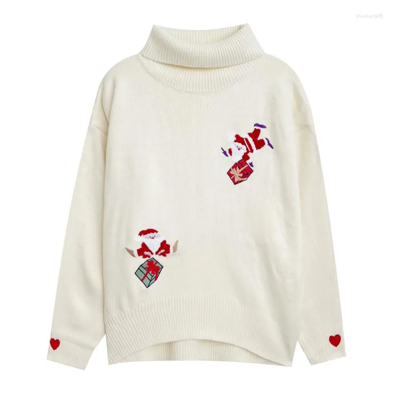 女性用セーターヴィンテージレッドかわいいクリスマス刺繍ハイカラー秋の冬の濃厚なプルオーバーアウトウェアニットセーター