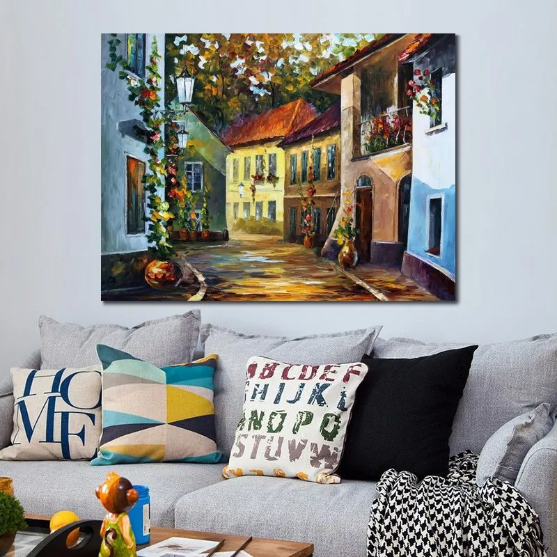 Stunning Landscape Canvas Art Hot Noon Hand Painted Urban Streets Painting Lobby Decor