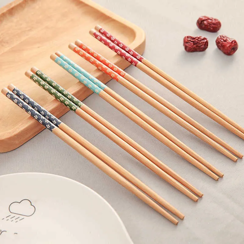 New Traditional Vintage Reusable Chopsticks Chinese Classic Wooden Handmade Natural Flower Bamboo Chopsticks Sushi Tools