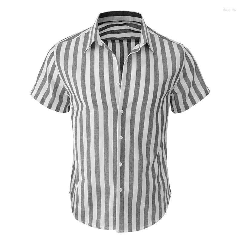 Men's Casual Shirts 2023 Vertical Striped Mens Summer Short Sleeve Beach Vacation Shirt Fashion Loose Gray White Camisas De Hombre