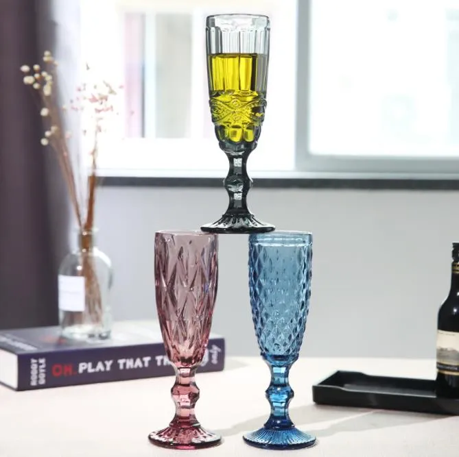 Machine Pressed Vintage Colored Goblet White Wine Champagne Flute Water Glass Green Blue Pink Glass Goblets Glass Cup