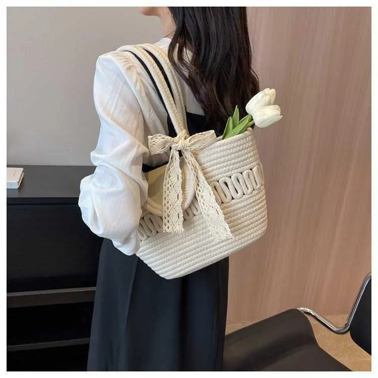 Beach Bags 23 New Vine Knitted Pearl Tote Bag Women's Handwoven Handbag Vacation Style Large Capacity Shoulder