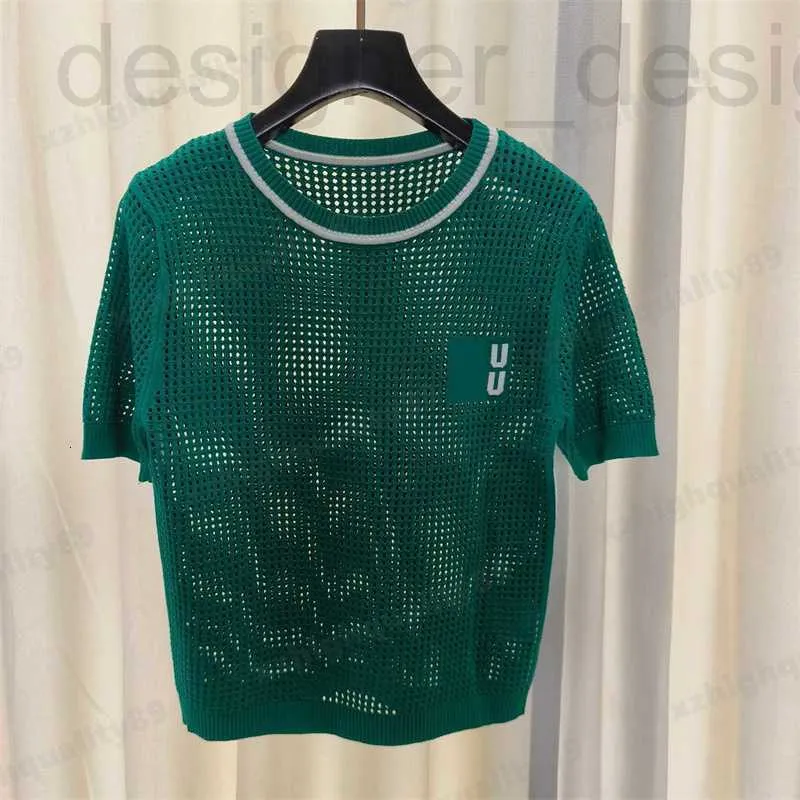 T-Shirt Feminina Designer Verde T-shirt Summer Knit T-Shirt Top Feminino Manga Curta Decote Redondo Letra Bordado Oco Out T-shirt Casual Roupas Femininas 3 Cores