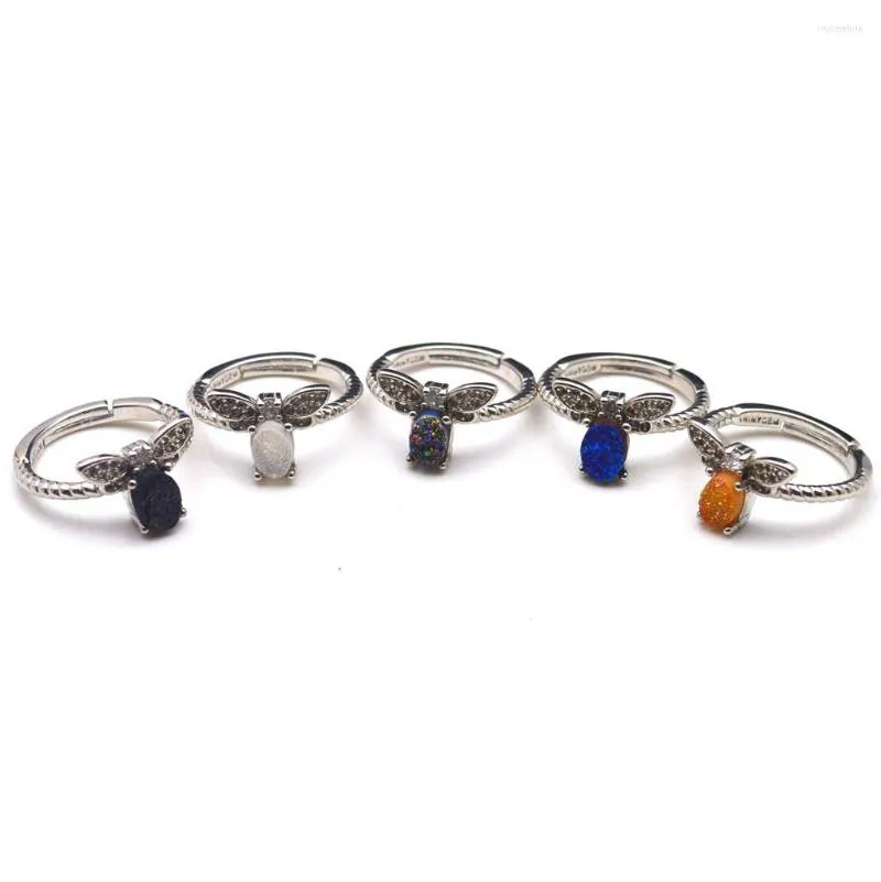 Anéis de casamento natural cristal oval druzy anel de dedo charme borboleta zircão chapeamento de prata minerais geode pedra preciosa redonda para mulheres