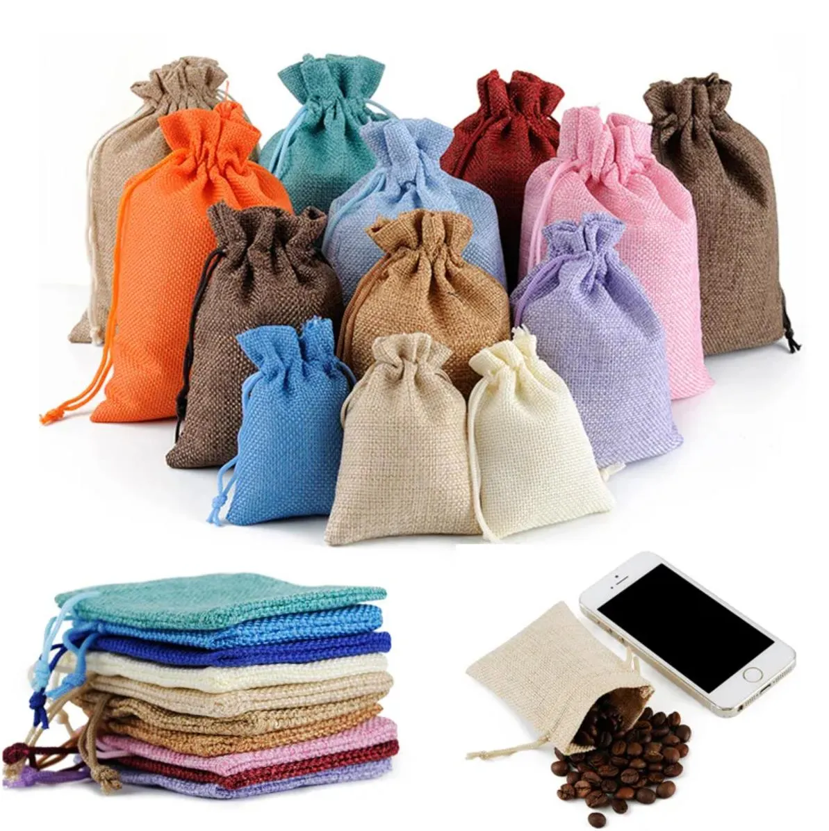 Eco-Friendly Mini Burlap Jute Sackcloth Linen Drawstring Bags Jewelry Pouches Bag Christmas Gift Packaging Bags Customized Logo Wholesale