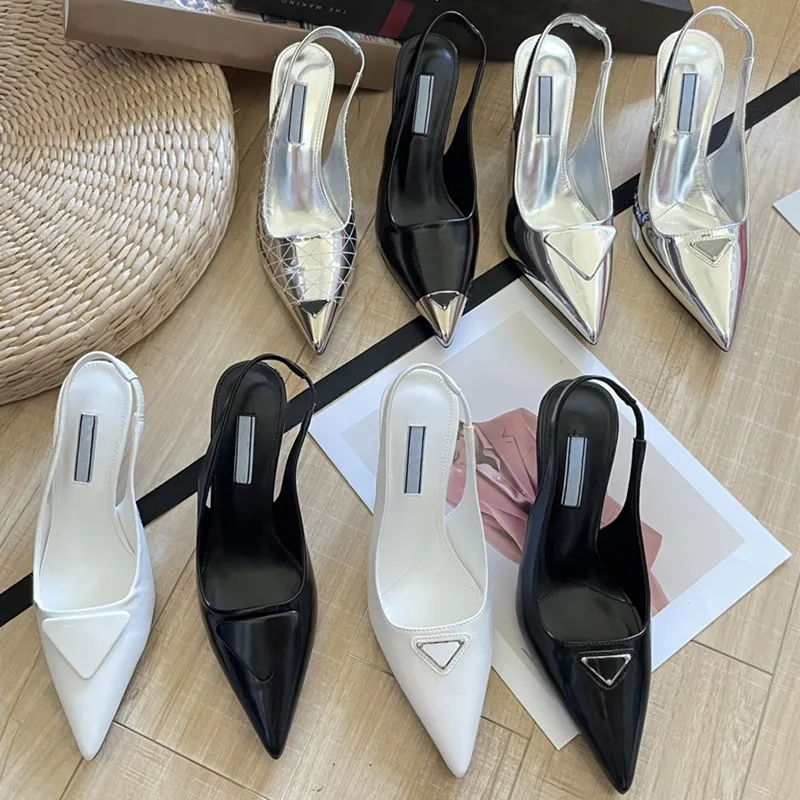 Women Formal Shoe Ballet High Heels Dress Shoes Designer Luxury Top Gloss Leather Back Strap Wedding Party Bride Pointed Heels